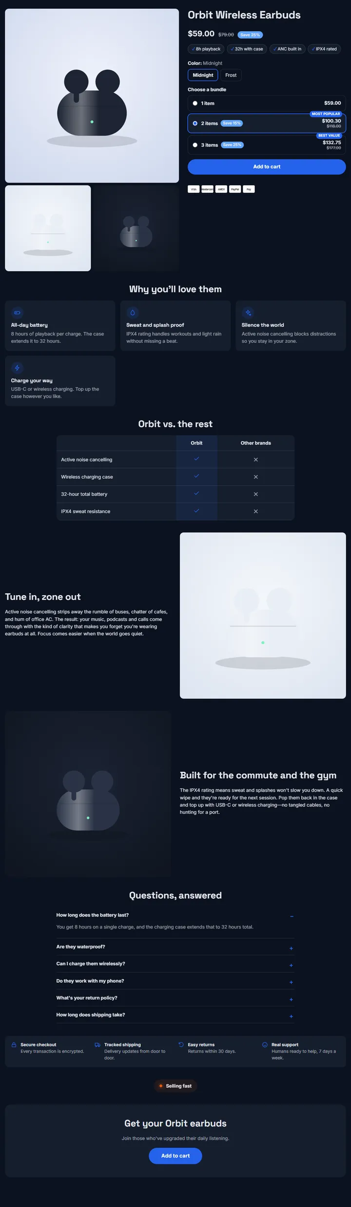A full product page built with the Gadgets template, for the sample product "Orbit Wireless Earbuds"