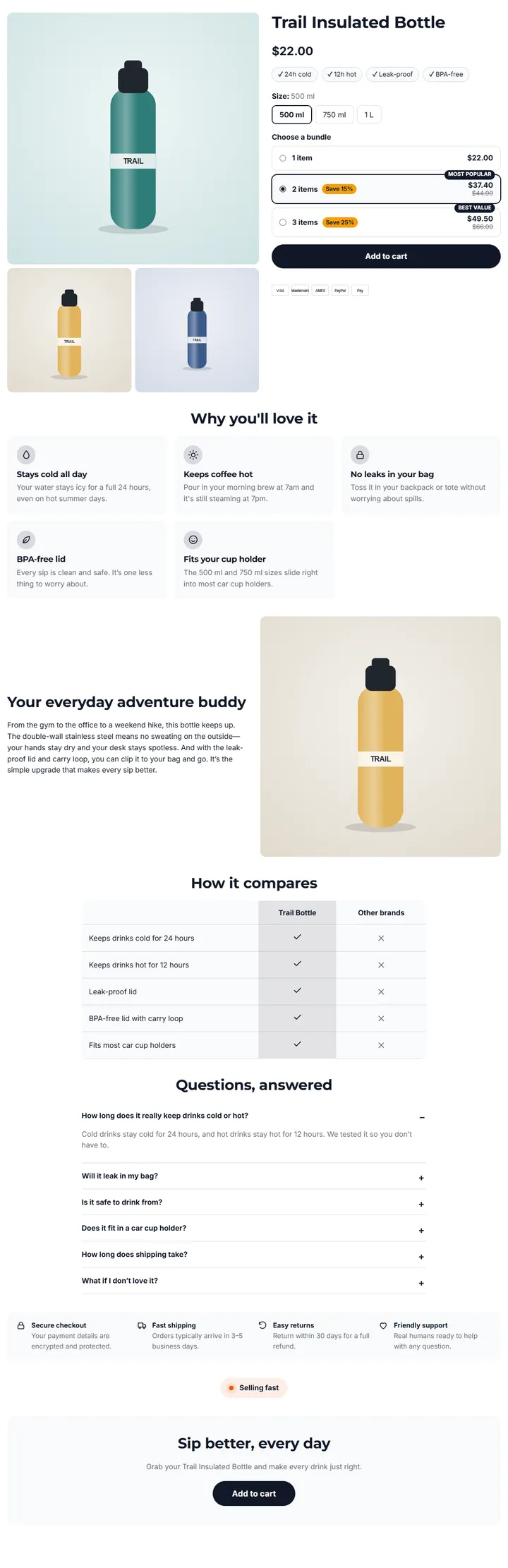A full product page built with the General best-seller template, for the sample product "Trail Insulated Bottle"