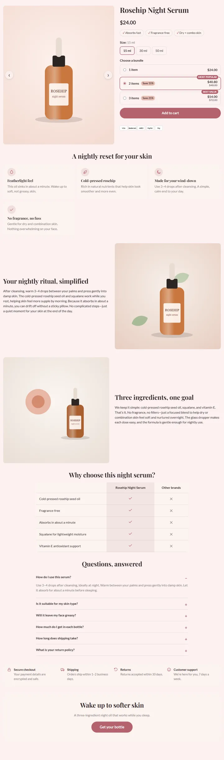 A full product page built with the Skincare template, for the sample product "Rosehip Night Serum"